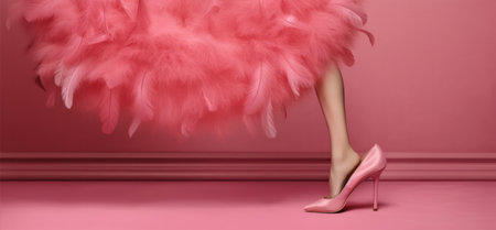 female legs in elegant womens shoes and pink theatrical clothes made of feathers .dolly style in a pink interior. dolly style.の素材
