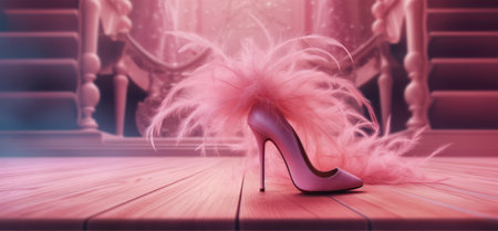 elegant womens shoes with fur on a fluffy pale pink carpet in a pink dressing room interior. dolly styleの素材