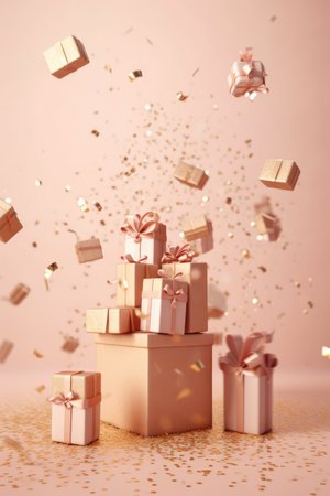 rain from gift boxes with gold ribbon on rose background.holiday concept.の素材