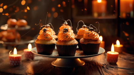 homemade pancakes stylized for Halloween. candles, bats and pumpkins. halloween background.の素材