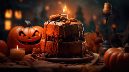 Halloween scary pumpkin cake and halloween candles. halloween background.の素材