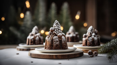 chocolate cupcakes with cream in the shape of aChristmas tree for Christmas on a festive background.holiday conceptの素材