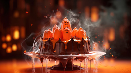 chocolate cake with icing and ghosts. candles, bats and pumpkins. halloween backgroundの素材