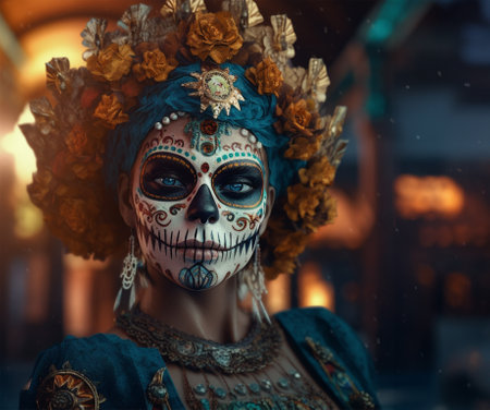close-up young woman with make-up at the festival Day of the Dead - Dia de los Muertos, a holiday dedicated to the memory of the dead.against the backdrop of illumination.generative Aiの素材