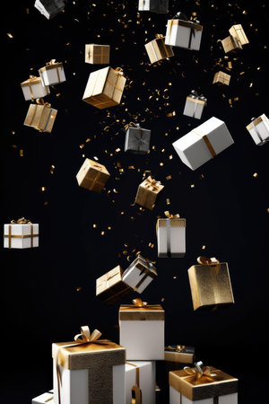 rain from gift boxes with gold ribbon on black background.holiday concept.の素材