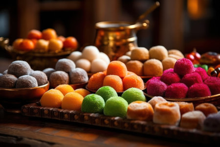 close-up oriental sweets on a plate.の素材