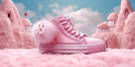 pink stylish sneakers with fur on fluffy soft pink carpet on a pastel background. dolly styleの素材