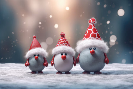 copy space small Christmas gnomes in the snow in red hats with white circles on a blurred background of illumination on Christmas night. copy spaceの素材