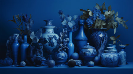 3d background with flowers and vases in blue tones. series of backgrounds for design.の素材