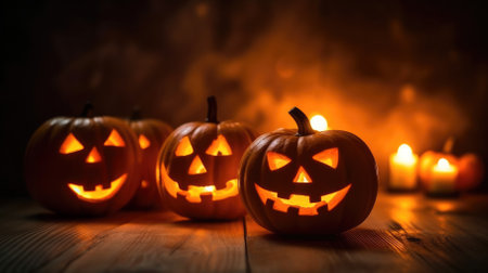 Halloween scary pumpkin, candles and dry leaves. halloween background.の素材