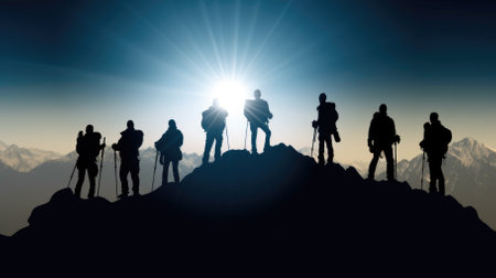 silhouettes of a group of people on a mountain ridge against the backdrop of mountains and sunrise. travel and team concept.の素材