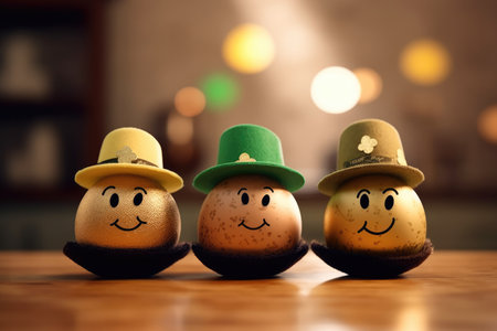 eggs in the form of a leprechaun with green caps and gold on a wooden table on a blurred background. . patricks dayの素材