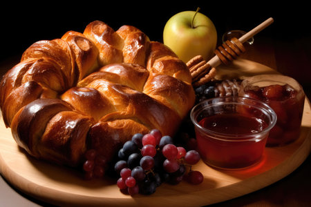 round challah bread, apples and honey on a wooden table at the farm.rustic style. sweet year wishes. Jewish New Year - Rosh Hashanahの素材