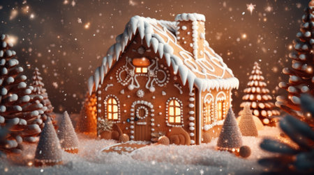 gingerbread house with powdered sugar for Christmas on festive background. holiday concept.の素材