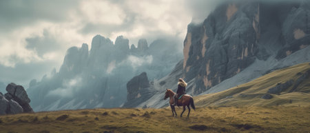 lone traveler on a horse in the plain against the backdrop of mountains. rays of light break through the clouds on a cloudy day.の素材