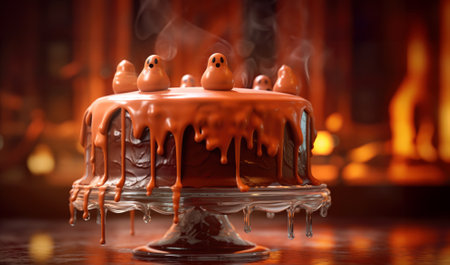 chocolate cake with icing and ghosts. candles, bats and pumpkins. halloween backgroundの素材