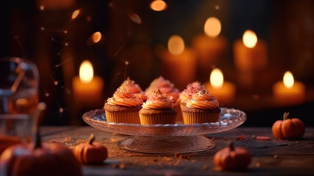 homemade pancakes stylized for Halloween. candles, bats and pumpkins. halloween background.の素材