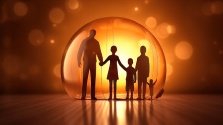 family silhouettes family with children under an protection on a black background with space for text.の素材