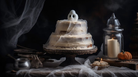 chocolate cake with icing and ghosts in a white mystical haze .candles, bats and pumpkins. halloween backgroundの素材