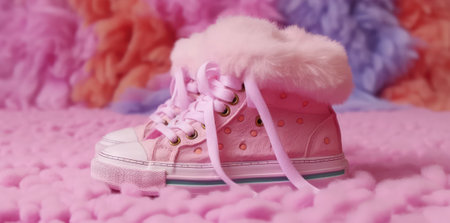 pink stylish sneakers with fur on fluffy soft pink carpet on a pastel background. dolly styleの素材