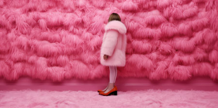 a little girl in big pink shoes and a fur coat standing on a soft carpet. pink room against the backdrop of a fluffy wallの素材