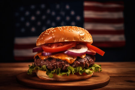Juicy grilled hamburger on USA flag background. Generative AIの素材