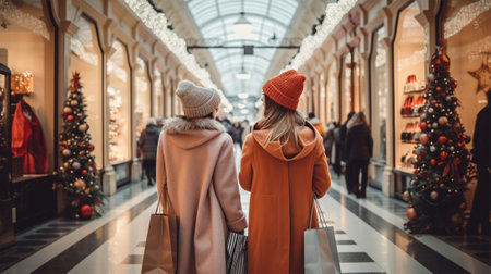 Christmas shopping.girlfriends with purchases go through the mall.back view.の素材