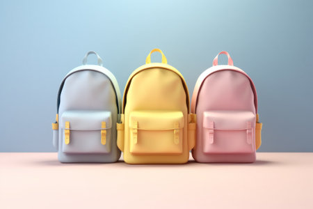 three school backpacks in pastel colors on a light background. go back to school againの素材