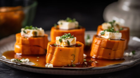 pumpkin baked in pieces .served with a slice of cheese and herbs with sauce.の素材