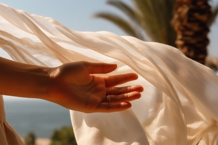 a womans hand holds a light white transparent fabric fluttering in the wind against the backdrop of the sea and palm trees .の素材