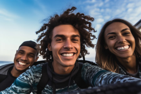 friends surfers take a selfie at sunset against the sky and sea.の素材