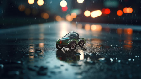 childs toy car left on a wet empty deserted road.protection and life and health insurance concept.の素材