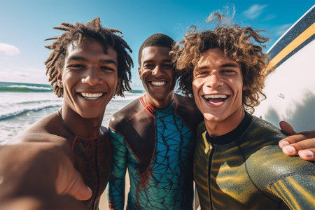 friends surfers take a selfie at sunset against the sky and sea.の素材