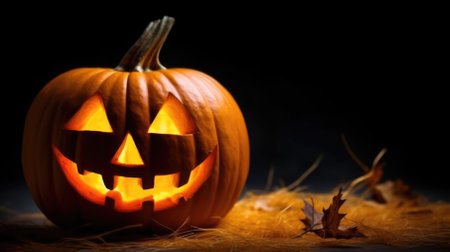 Halloween scary pumpkin, candles and dry leaves. halloween background.の素材