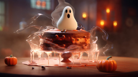 chocolate cake with icing and ghosts. candles, bats and pumpkins. halloween backgroundの素材