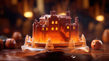 chocolate cake with icing and ghosts. candles, bats and pumpkins. halloween backgroundの素材