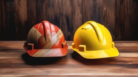 builders yellow and red safety helmets on the table on a wooden background. labor Day.の素材