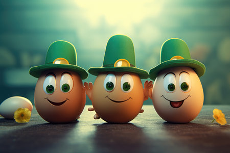 eggs in the form of a leprechaun with green caps and gold on a wooden table on a blurred background. . patricks dayの素材