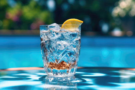 refreshing summer drink with berries, lemon and ice On the wet tiles by the poolの素材