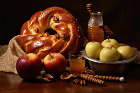 round challah bread, apples and honey on a wooden table at the farm.rustic style. sweet year wishes. Jewish New Year - Rosh Hashanahの素材