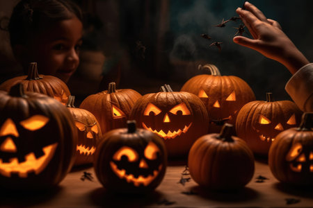 young girl preparing pumpkins for Halloween.pumpkins and candles for halloweenの素材