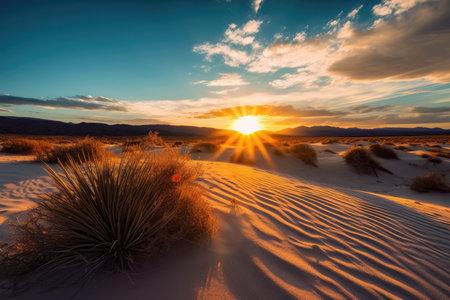 landscape of desert dunes at sunset with blue sky.の素材
