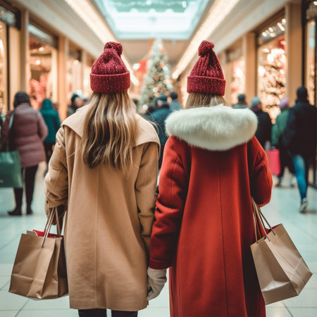 Christmas shopping.girlfriends with purchases go through the mall.back view.の素材