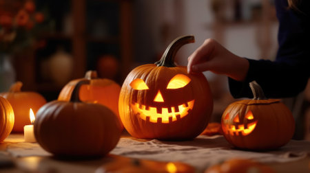 hands preparing pumpkins for halloween holiday.pumpkins and candles for halloweenの素材
