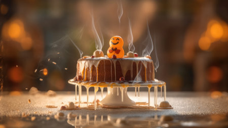 chocolate cake with icing and ghosts. candles, bats and pumpkins. halloween backgroundの素材