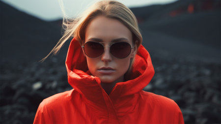 close-up portrait of model in minimalist red clothes in volcanic landscape.の素材