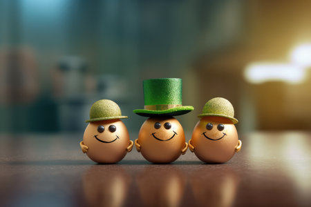 eggs in the form of a leprechaun with green caps and gold on a wooden table on a blurred background. . patricks dayの素材