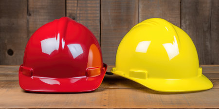 builders yellow and red safety helmets on the table on a wooden background. labor Day.の素材