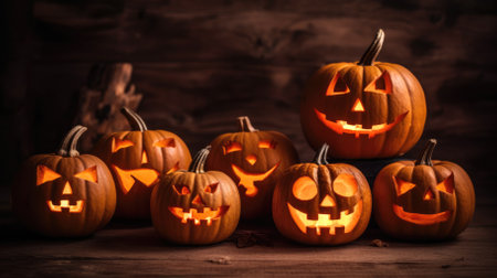 Halloween scary pumpkin, candles and dry leaves. halloween background.の素材