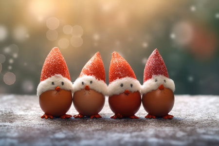 small Christmas gnomes in the snow in red hats on a blurred background of illumination on Christmas night. copy spaceの素材